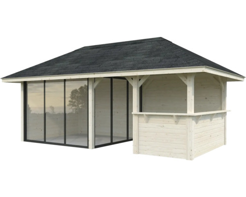 Trädgårdspaviljong i trä med skjutdörrar och tak