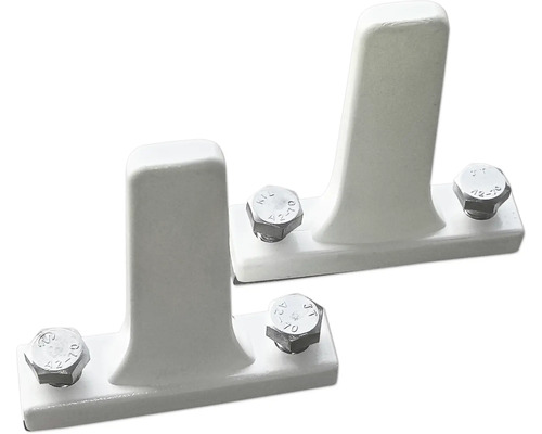 Två vita stolpfästen med skruvar