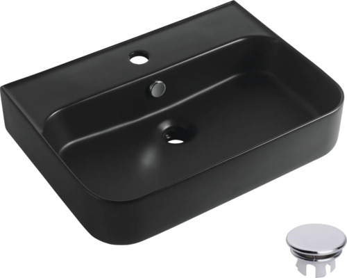 Svart keramisk tvättställsskål med avloppssats