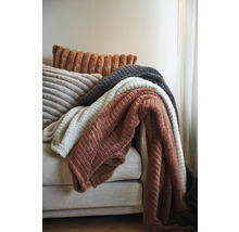 Prydnadskuddar och filtar på en soffa