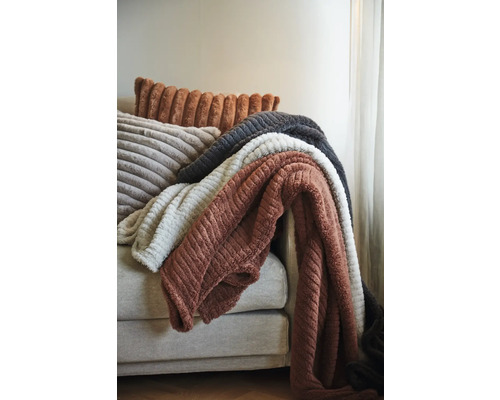 Prydnadskuddar och filtar på en soffa