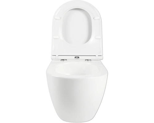 Vägghängd toalett med öppen spolkant och toalettsits