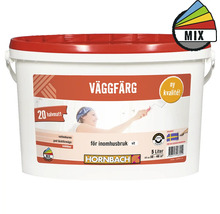 Hink med matt väggfärg för inomhusbruk, lämplig för cirka 30 till 40 kvadratmeter, innehåll 5 liter. Hornbach Logo.