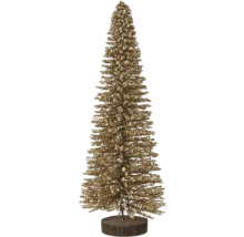 Dekorativ julgran med glittrande yta på trästativ