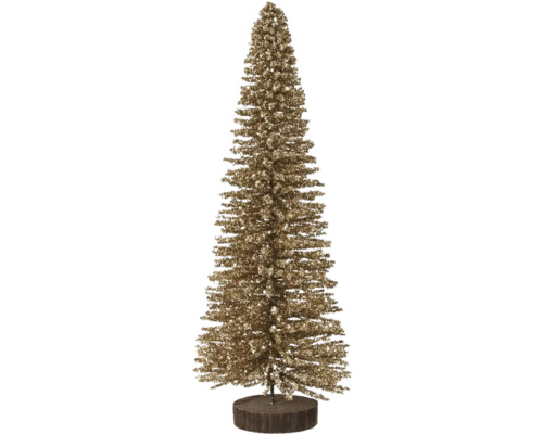 Dekorativ julgran med glittrande yta på trästativ