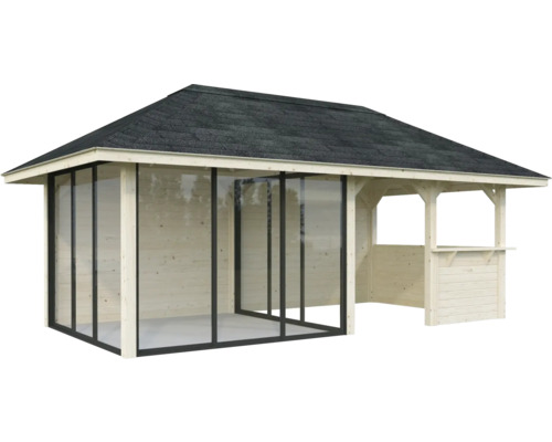 Trädgårdspaviljong i trä med tak och fönster