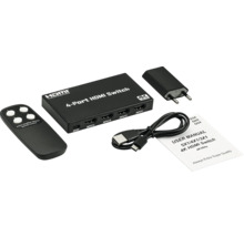 4-portars HDMI-switch med fjärrkontroll, nätadapter, USB-kabel och bruksanvisning