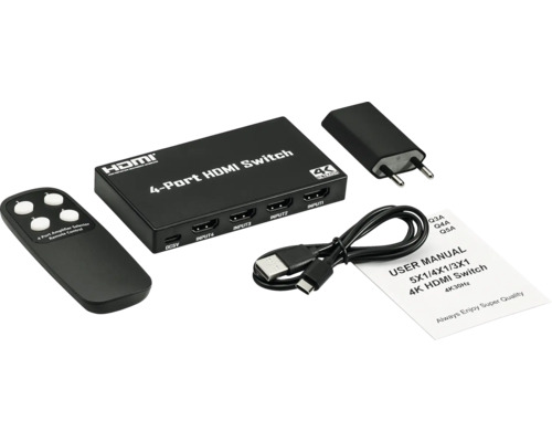HDMI Switch BLEIL 4V 4K/30HZ 10.2 GBPS 4-portars HDMI-switch med fjärrkontroll, nätadapter, USB-kabel och bruksanvisning