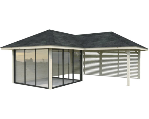 Trädgårdspaviljong med glasväggar och lamellväggar