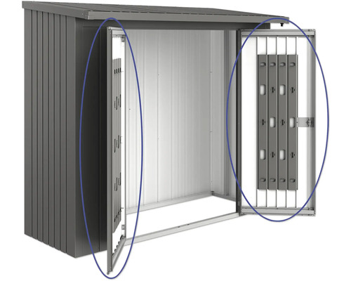Öppet redskapsbod med slagdörrar