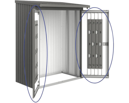 Öppet metallredskapsbod med skjutdörr