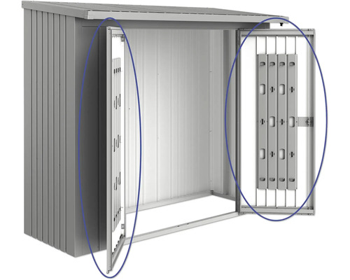 Metallförråd med dubbeldörr i öppet läge