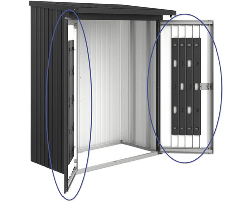 Öppet redskapsbod med vikdörr i metall