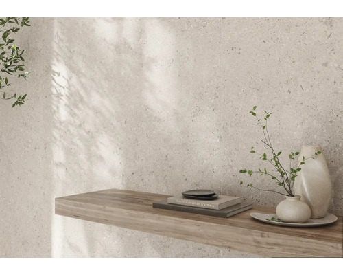 Dekorativ vägg med trähylla, böcker och vaser