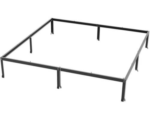 Svart sängram i metall med ben.