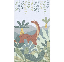 Illustration av en dinosaurie med växter och palmer