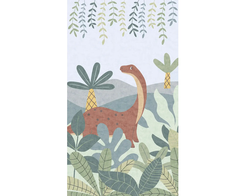 Illustration av en dinosaurie med växter och palmer