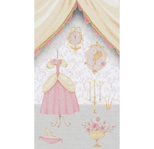 Illustration av en scen med prinsessmotiv, inklusive klänning, klocka, spegel och krona