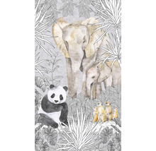 Illustration av en elefantfamilj, en panda och surikater i djungeln