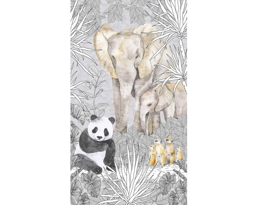 Illustration av en elefantfamilj, en panda och surikater i djungeln