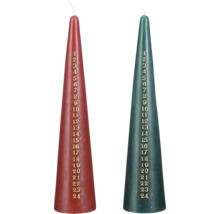 Två adventsljus med tryckta siffror från 1 till 24.