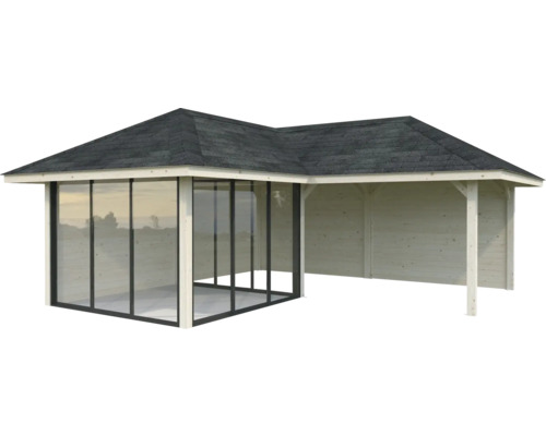 Trädgårdshus i trä med glasfront och tak
