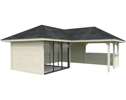 Trädgårdshus i trä med glasskjutdörr och tak