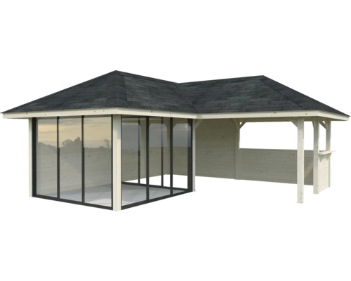 Trädgårdspaviljong i trä med tak och glasskjutväggar