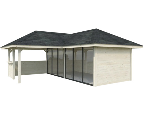 Trädgårdspaviljong i trä med glasfront och takpapp