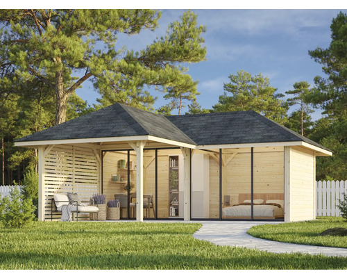 Trädgårdshus med takterrass, glasfronter och träväggar i trädgården.