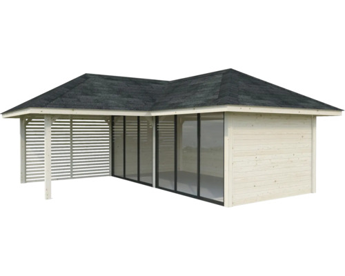 Träpaviljong med glas och lamellväggar