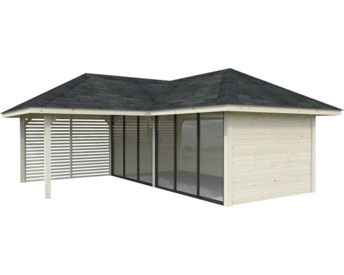 Trädgårdshus med lamellvägg, glasfront och takpapp