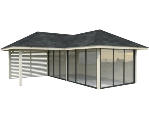 Trädgårdspaviljong av trä med glas- och lamellväggar