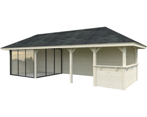 Trädgårdshus i trä med glasskjutdörrar och tak