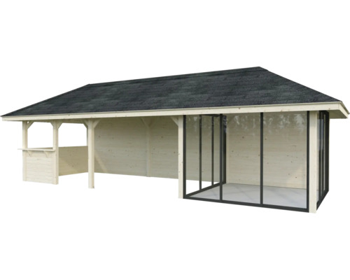 Trädgårdspaviljong i trä med tak och glasfront