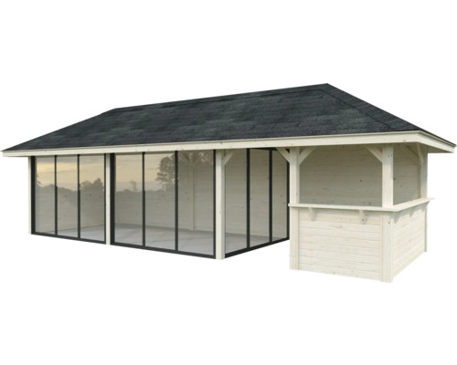 Trädgårdshus i trä med skjutbara glasdörrar och tak