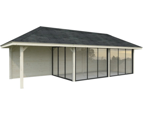 Trädgårdshus i trä med fönsterparti och takpapp