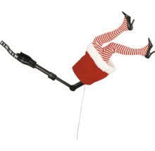 Juldekoration med älvben och jultomtekostym på ett stativ