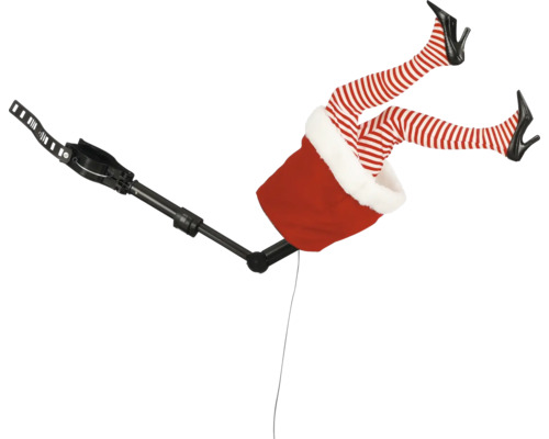Juldekoration med älvben och jultomtekostym på ett stativ