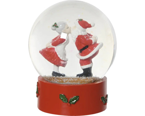 Snökula polyresin 10x10x12,1cm blandade utföranden röd Snöglob med jultomten och tomtemor som kysser varandra