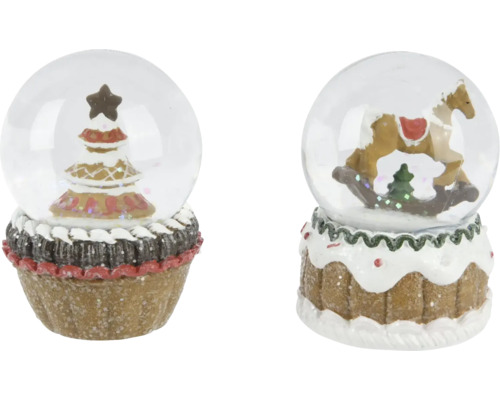 Snökula 7x7x9,5cm blandade utföranden brun Två snöglober med julgran och gunghäst på en piedestal
