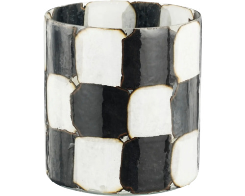 Ljuslykta MICA glas Ø12x12cm svart/vit Glasljuslykta med schackrutigt mönster