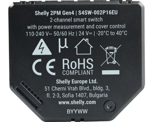 Shelly 2PM Gen4 Tvåkanals smart switch med effektmätning och täckningskontroll