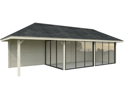 Trädgårdshus i trä med skjutbara glasdörrar och bitumentak