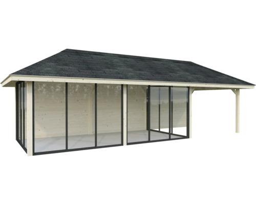 Trädgårdshus i trä med glasfront och takpapp