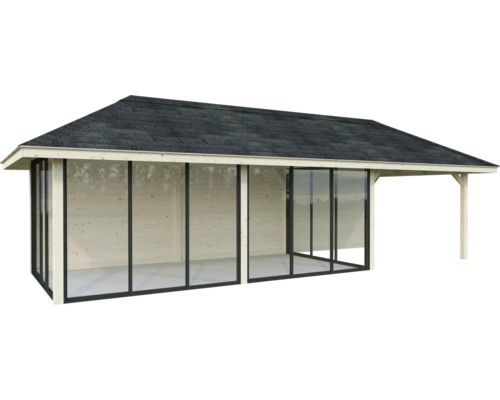 Trädgårdshus med skjutdörrar och takpapp