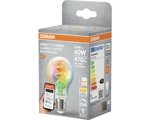 Osram Smart+ Filament Classic A 40 E27 Multicolor lampa i förpackning