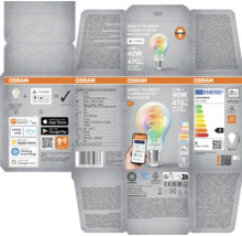 Förpackning för en Osram Smart Filament Classic A 40 E27 Multicolor-lampa med Matter-logotyp
