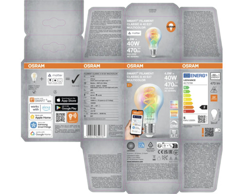 Förpackning för en Osram Smart Filament Classic A 40 E27 Multicolor-lampa med Matter-logotyp