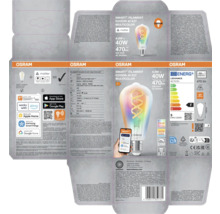 Förpackning för en Osram Smart Filament Edison 40 E27 Multicolor-lampa med information om funktioner, kompatibilitet och tekniska data